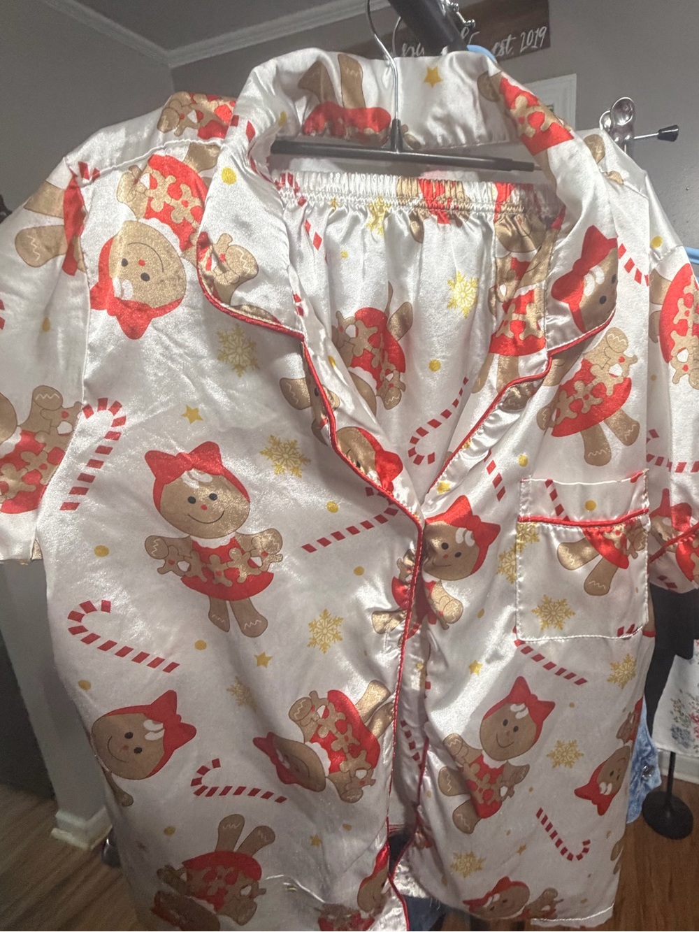 Satin Girls Gingerbread Holiday Pajama Set - White & Red